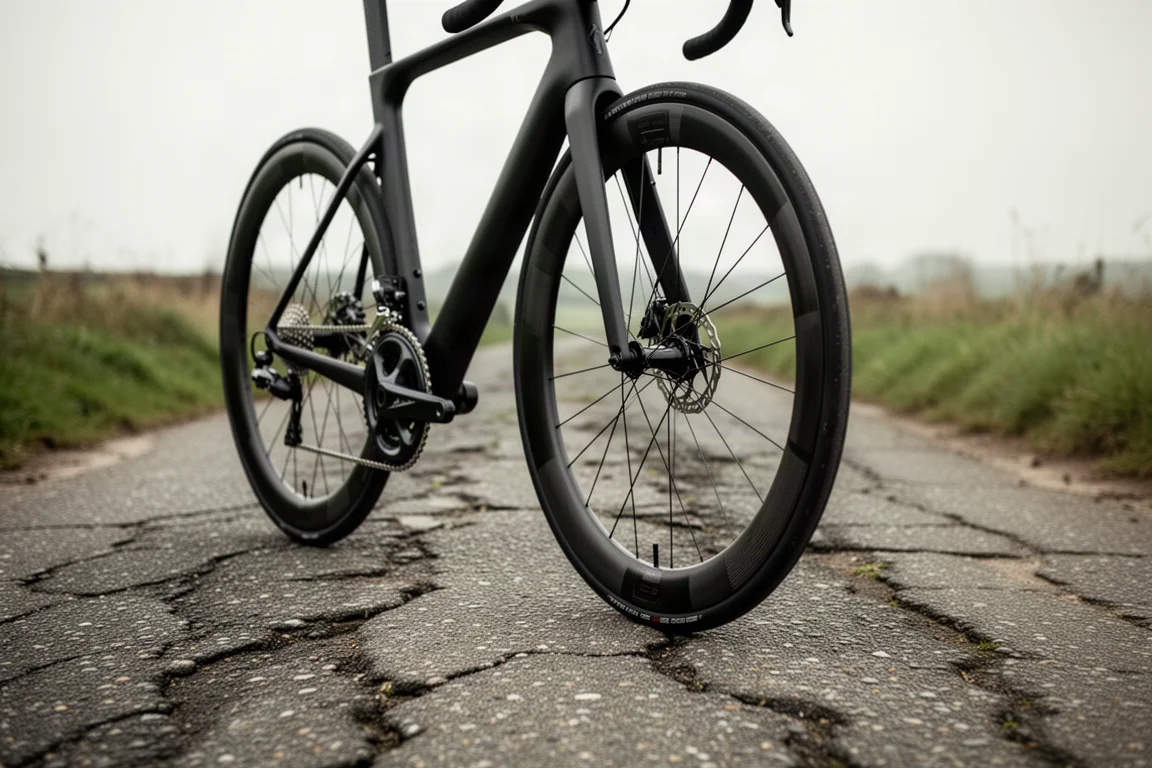 Niedriger Winkel auf ein breites Aero-Rad-Unterrohr und tiefes Vorderrad auf rauem Asphalt