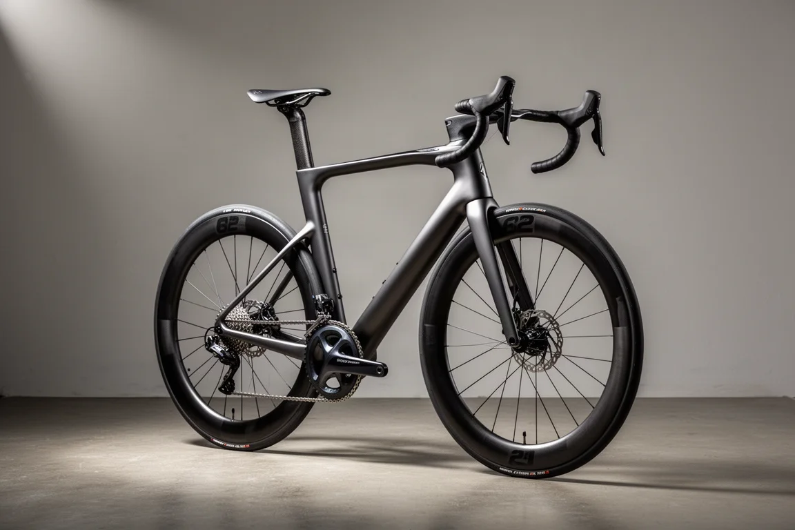 Deep-section carbon aero road bike photographed on a matte concrete floor
