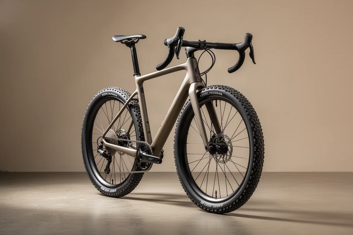 コンクリートの床に置かれた Van Rysel EDR-G カーボングラベルバイクの斜め前方からの姿