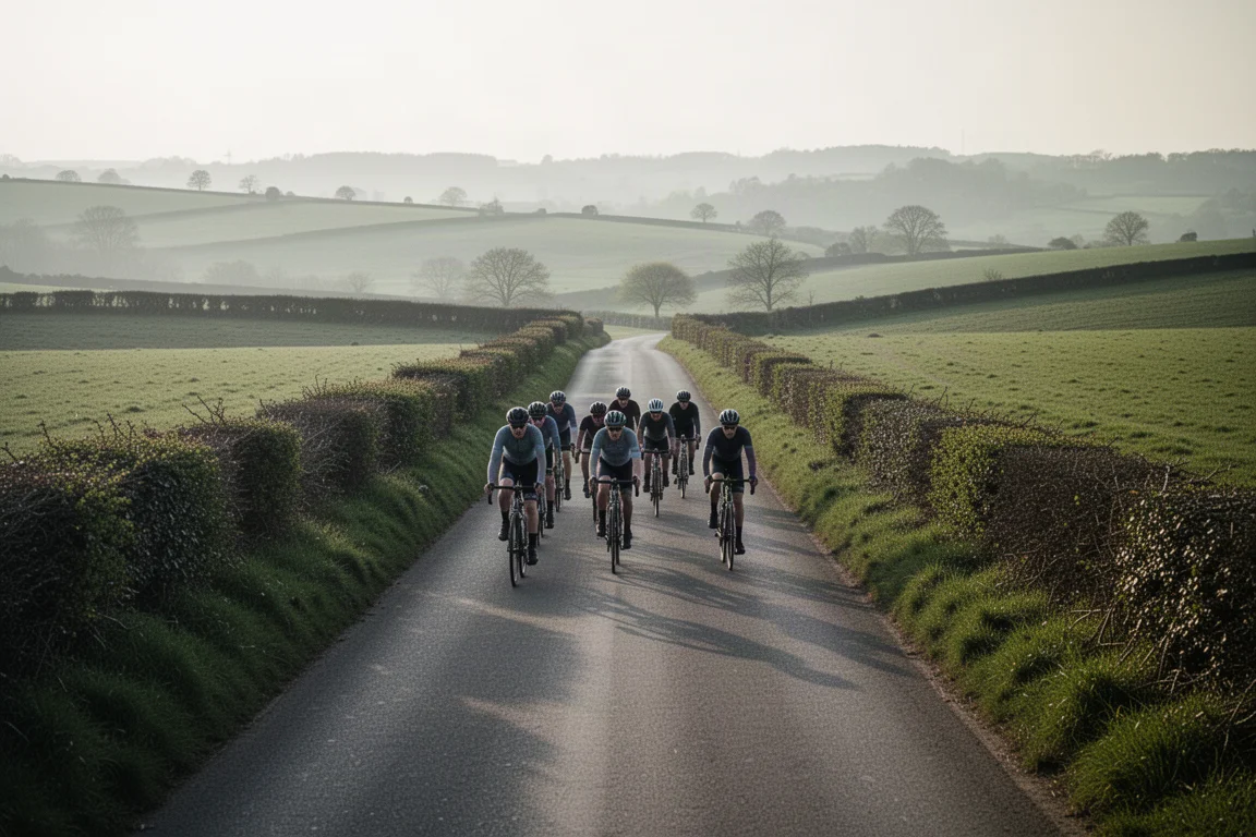 Gruppe von Radfahrern fährt in einer Reihe durch hügelige Landstraßen