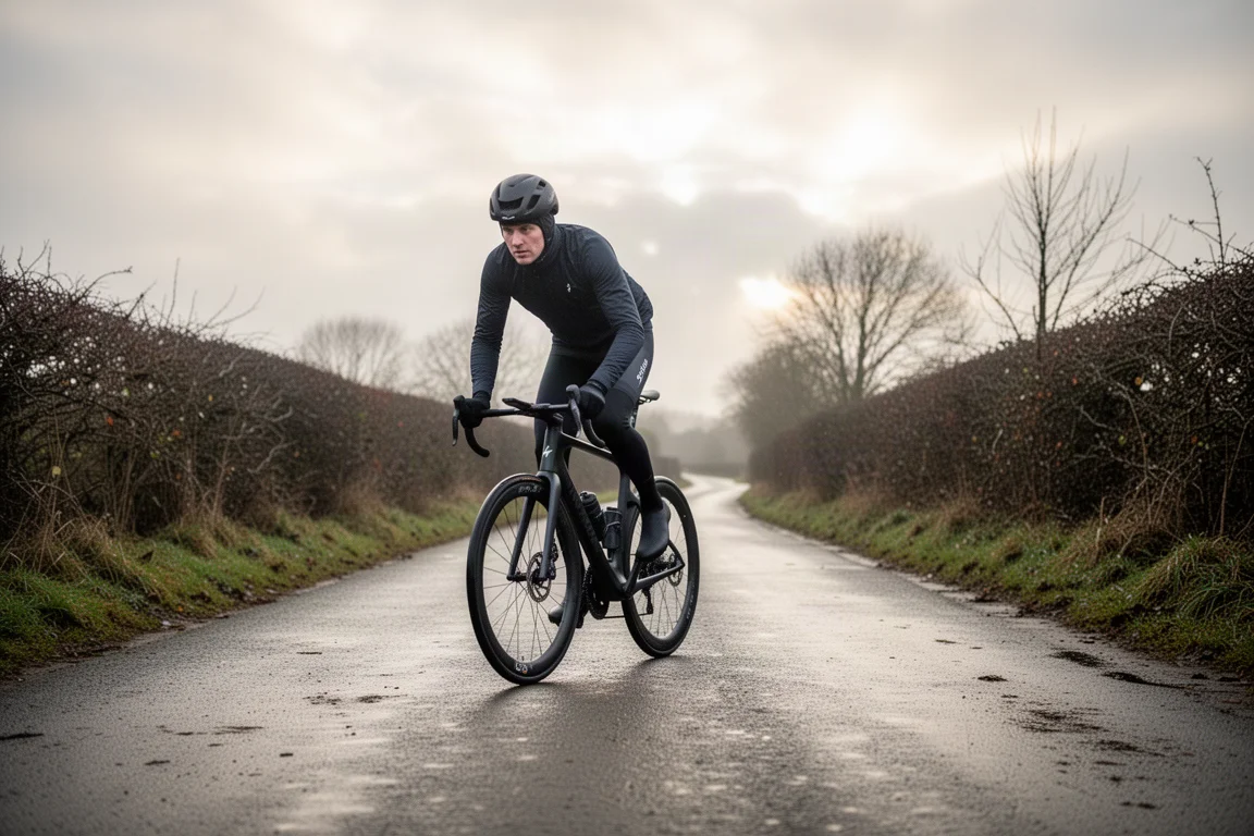 Cycliste sur route pilotant un vélo de course sur bitume dégagé à l'aube