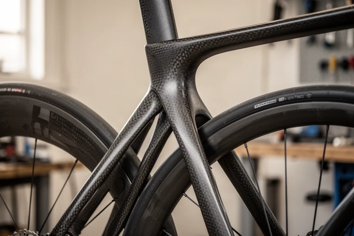 Gros plan sur une roue route carbone à profil haut et un pneu sur bitume mouillé