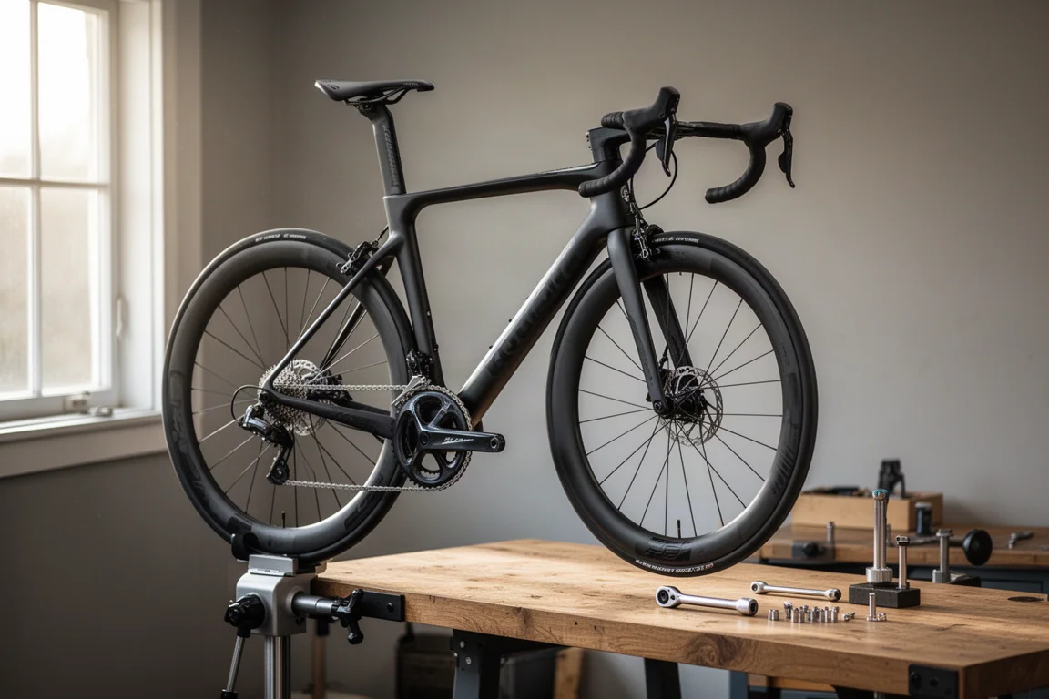 Vélo de route sur un support d'atelier en cours de vérification dans un atelier propre