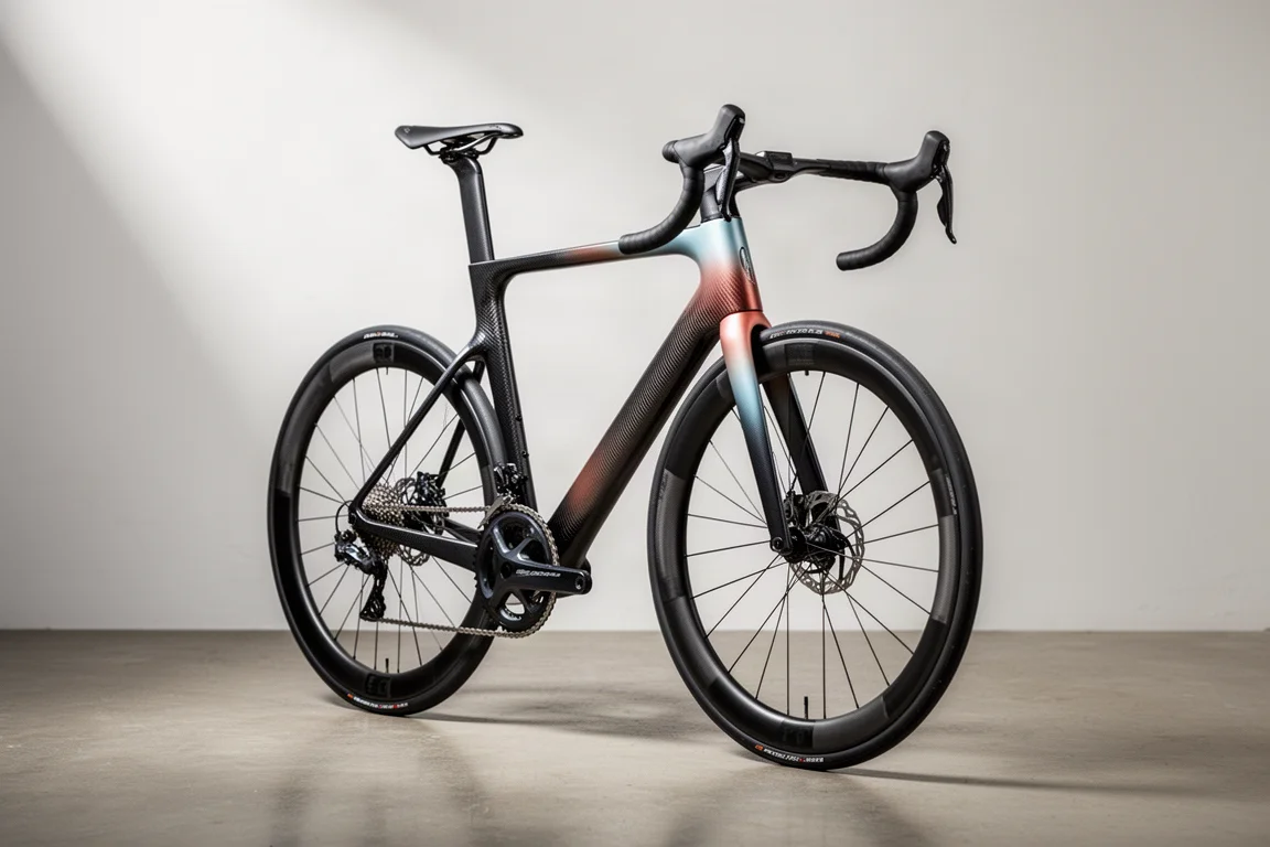 Carbon road race bike with deep-section wheels and integrated cockpit on concrete floor