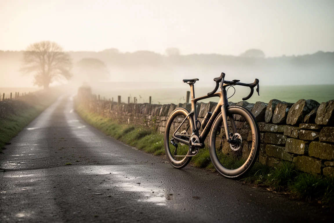 Bici da corsa aero in carbonio appoggiata a un muro in pietra accanto a una strada di campagna nella nebbia all'alba