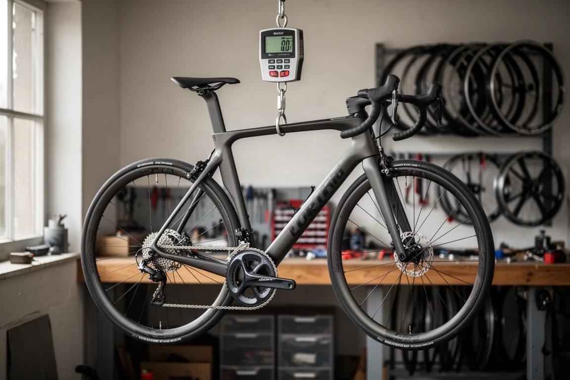 Bici da corsa appesa a una bilancia digitale in un'officina ordinata, con attrezzi sfocati sullo sfondo