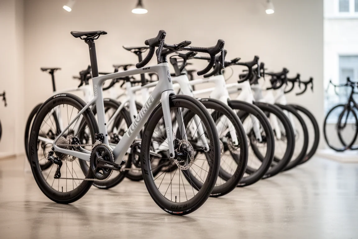Fila di bici da corsa in carbonio allineate in un luminoso showroom di un negozio di biciclette