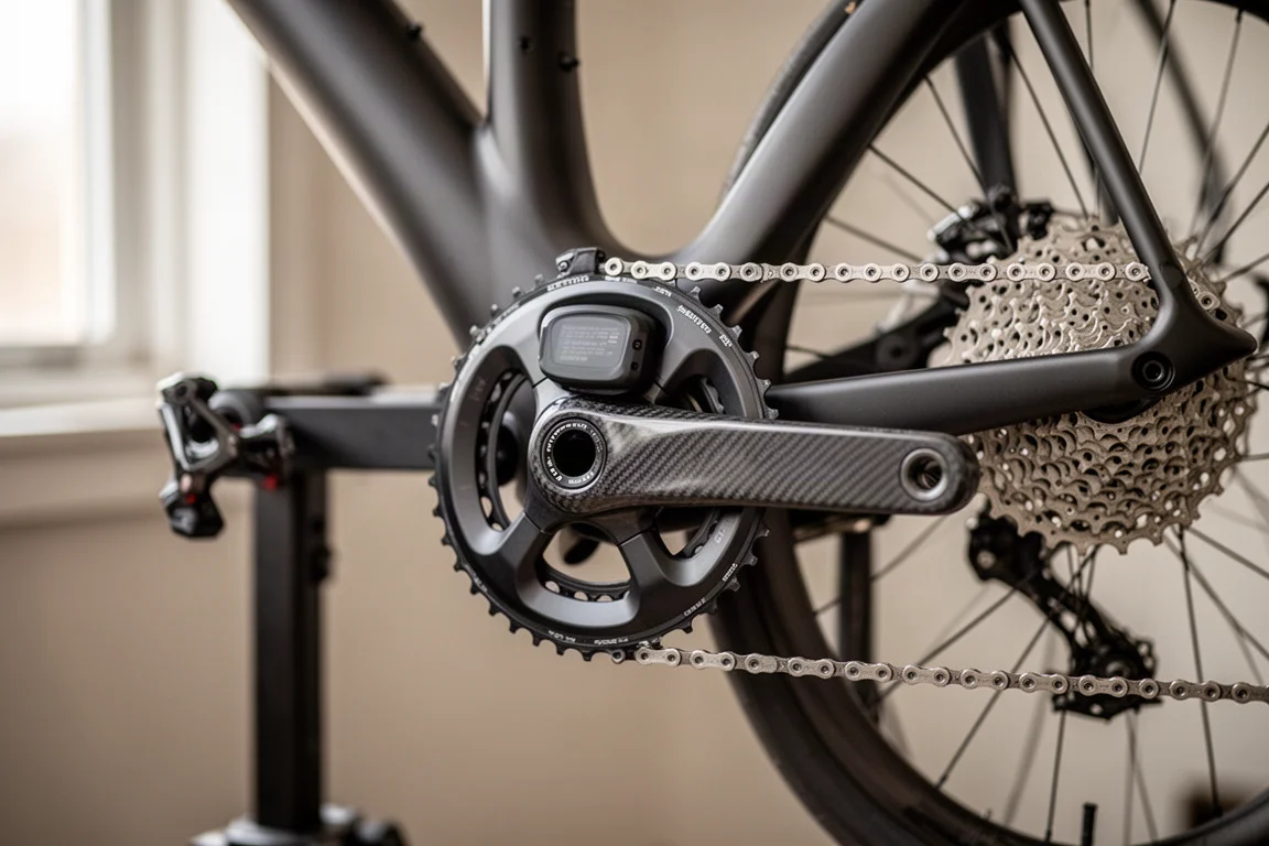 Detalle en primer plano del tubo de dirección y el tubo diagonal de una bicicleta de carretera aero con luz lateral