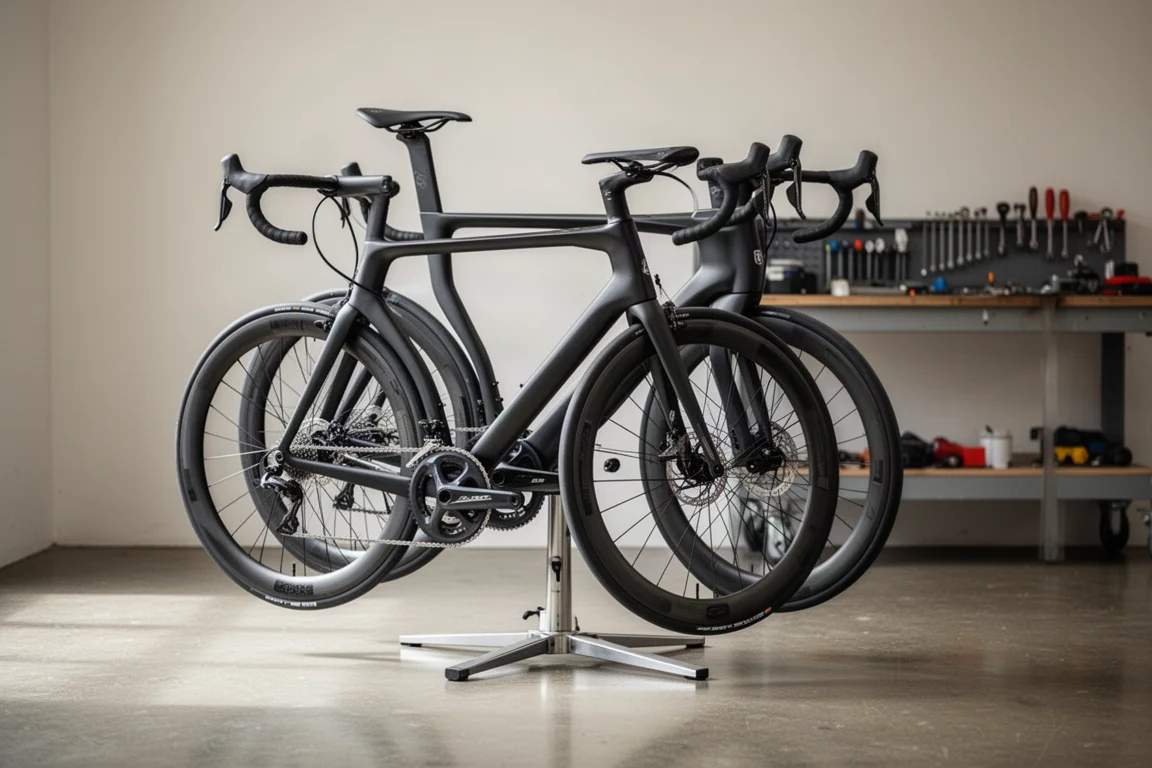 Vista cenital de un cockpit integrado de bicicleta de carretera con enrutado interno de cables