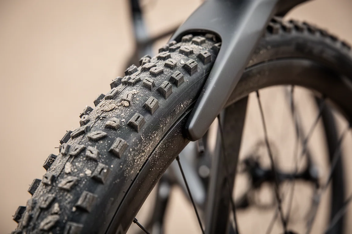 Close-up van een gravelband met noppen in een carbon frame met zichtbare speling tussen band en frame