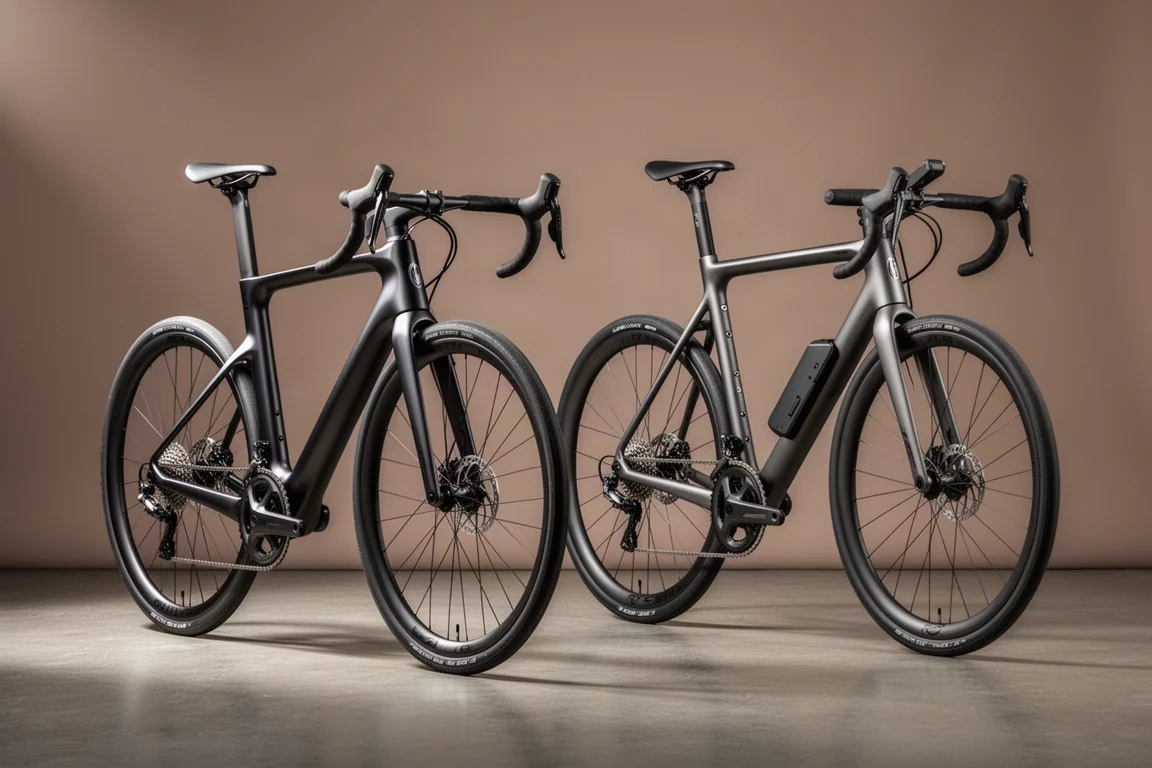 Two gravel bikes side by side on concrete, one aero race frame and one with mounts and storage