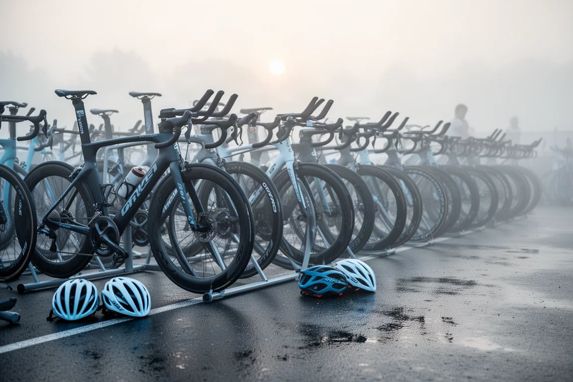 Zona de transición de triatlón al amanecer con bicicletas aerodinámicas en los soportes y ruedas de perfil alto entre una niebla suave