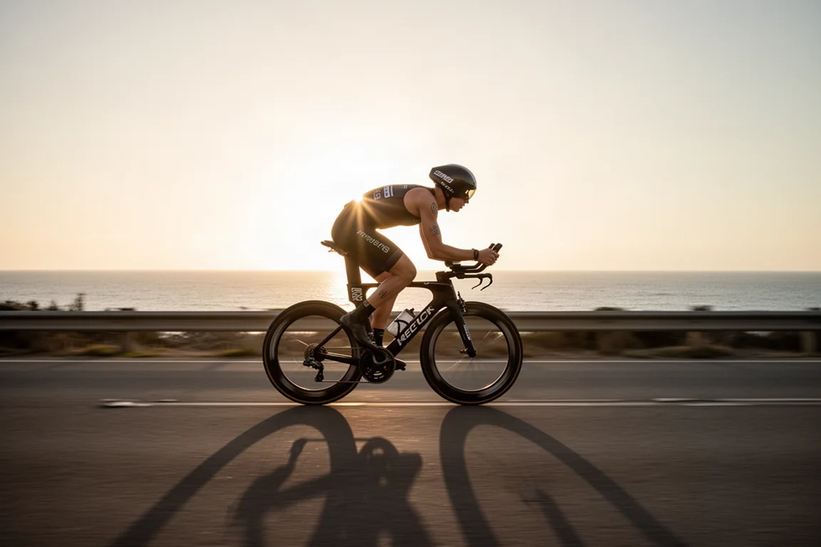 Triatleta rodando solo con una bicicleta aerodinámica por una carretera costera abierta a la hora dorada