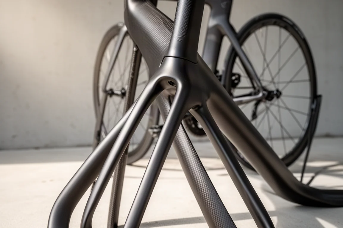 Nahaufnahme einer aerodynamischen Carbon-Triathlon-Gabel und des Unterrohrs