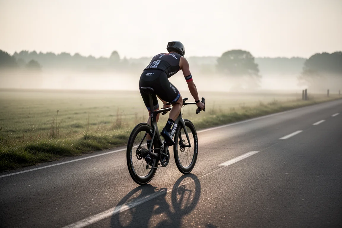 Triathlet auf einem Carbon-Triathlon-Bike auf leerer Landstraße im Morgengrauen