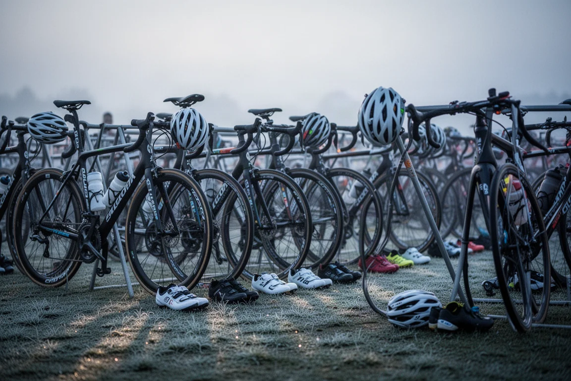 Triathlon-Wechselzone bei Sonnenaufgang mit in Reihen aufgehängten Rennrädern