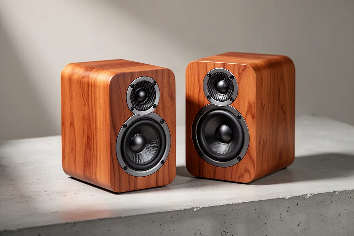 Pair of cherry wood veneer compact powered desktop speakers on a concrete surface