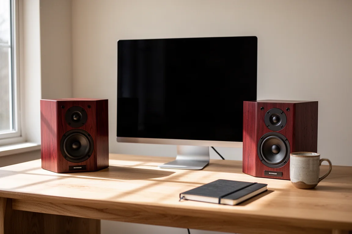 Compact cherry wood powered speakers on a desk beside a monitor