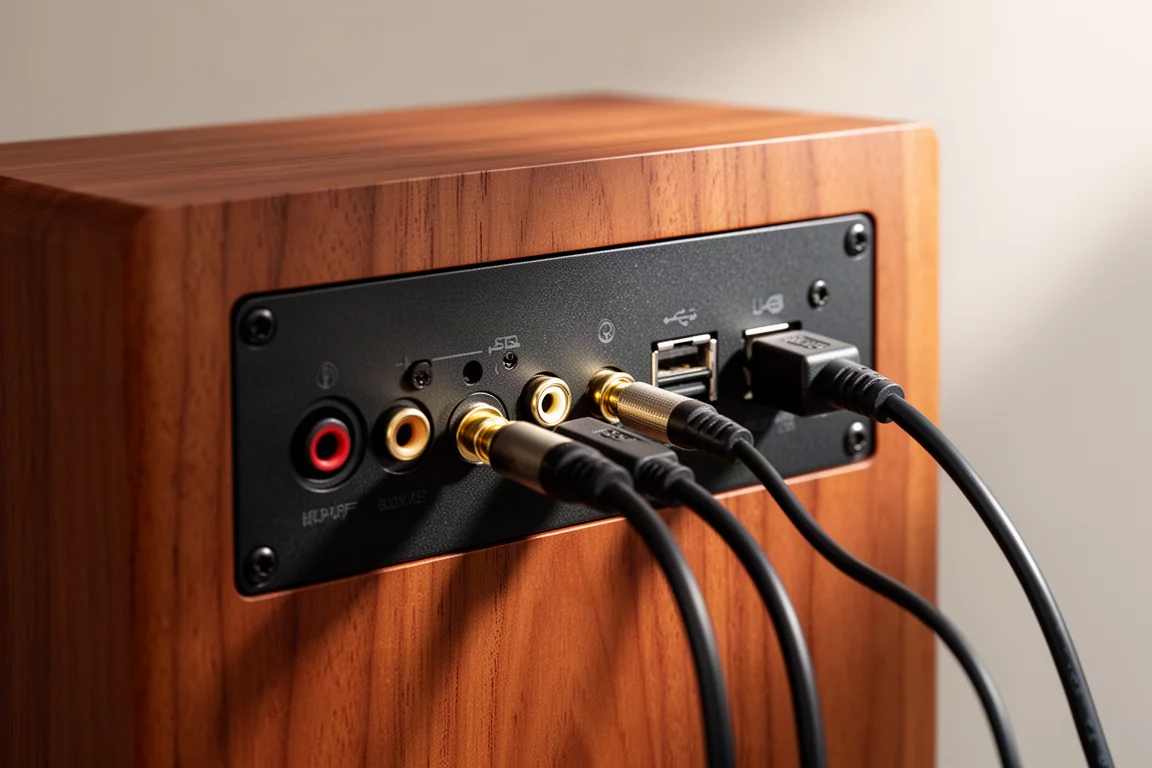 Rear panel of a powered speaker showing optical, coaxial and USB inputs
