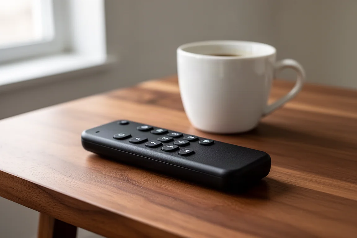 Textured matte black remote control on a walnut table beside a coffee cup