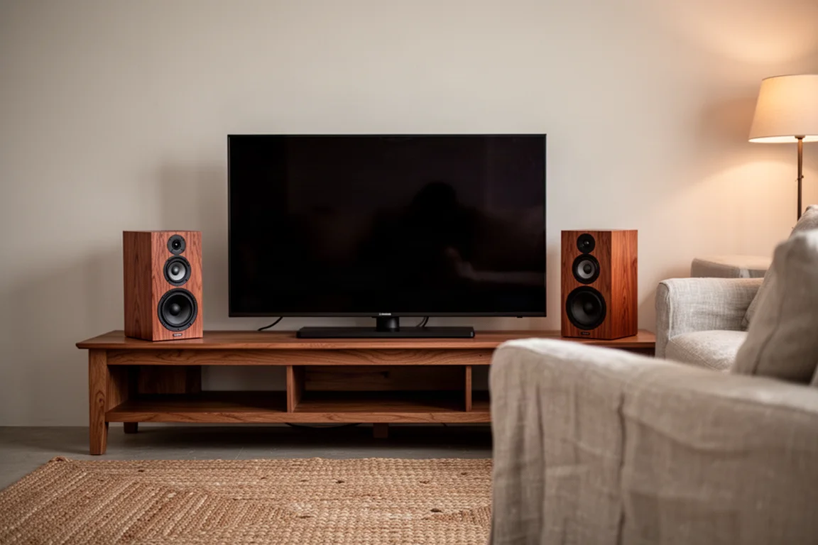 Cherry wood speakers on a low media shelf beside a television at dusk