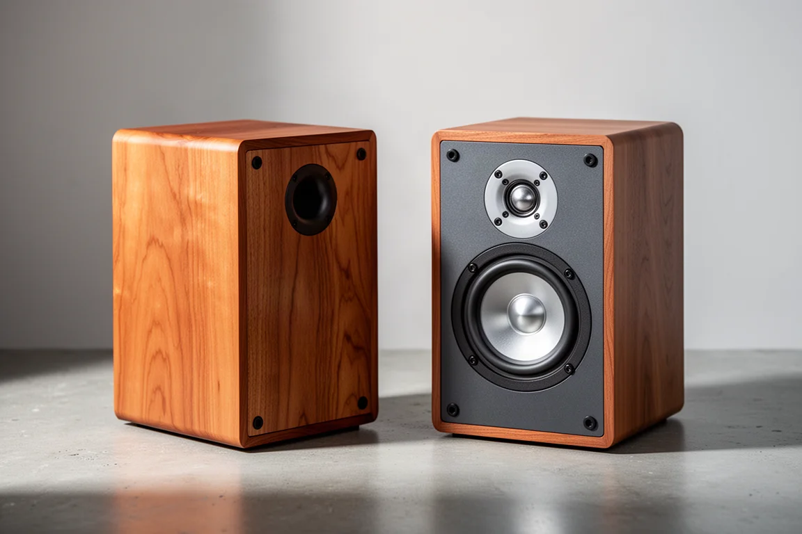 Pair of cherry veneer Vanatoo Transparent One Encore powered speakers on concrete