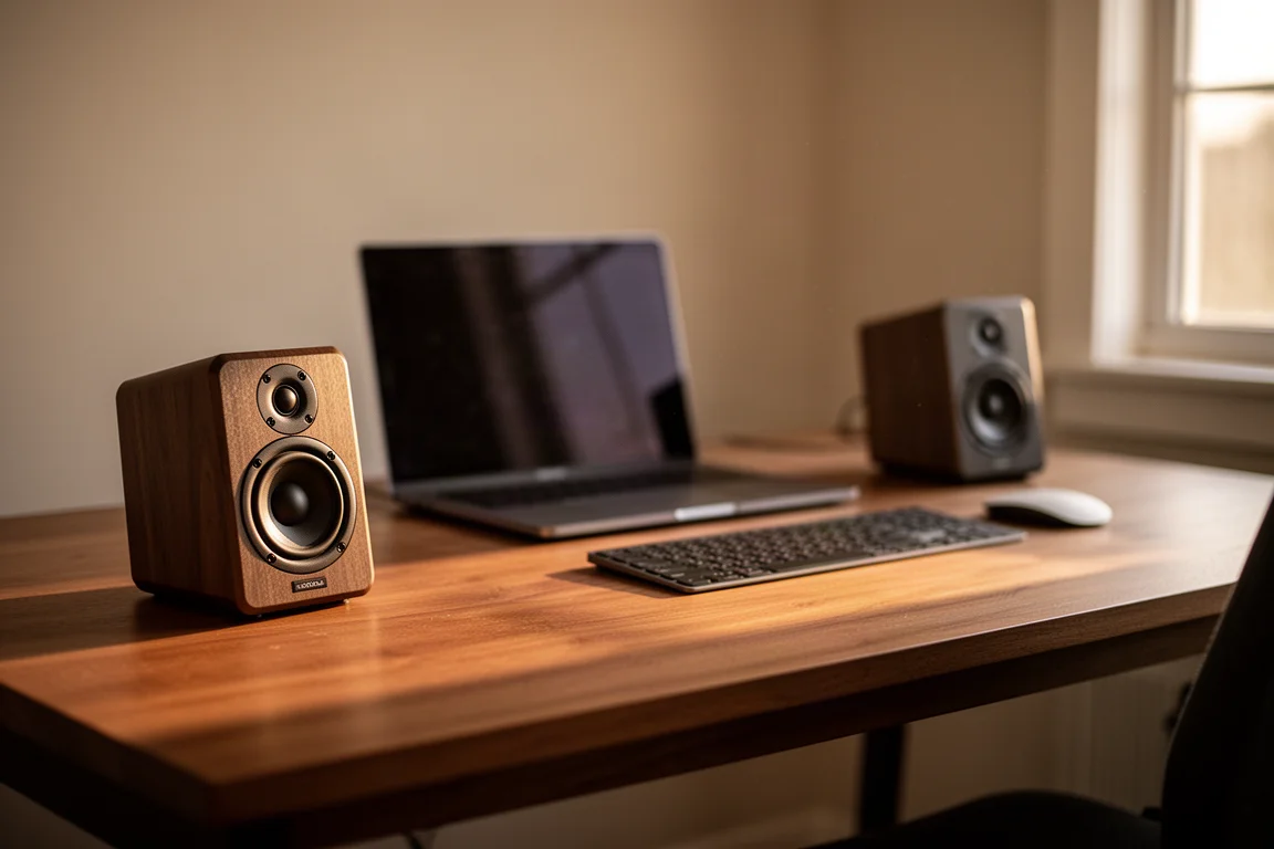 Two very small dark speaker cabinets on a tidy home desk at dusk