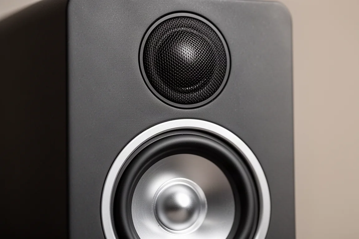 Close-up of a soft dome tweeter above a machined aluminium cone woofer