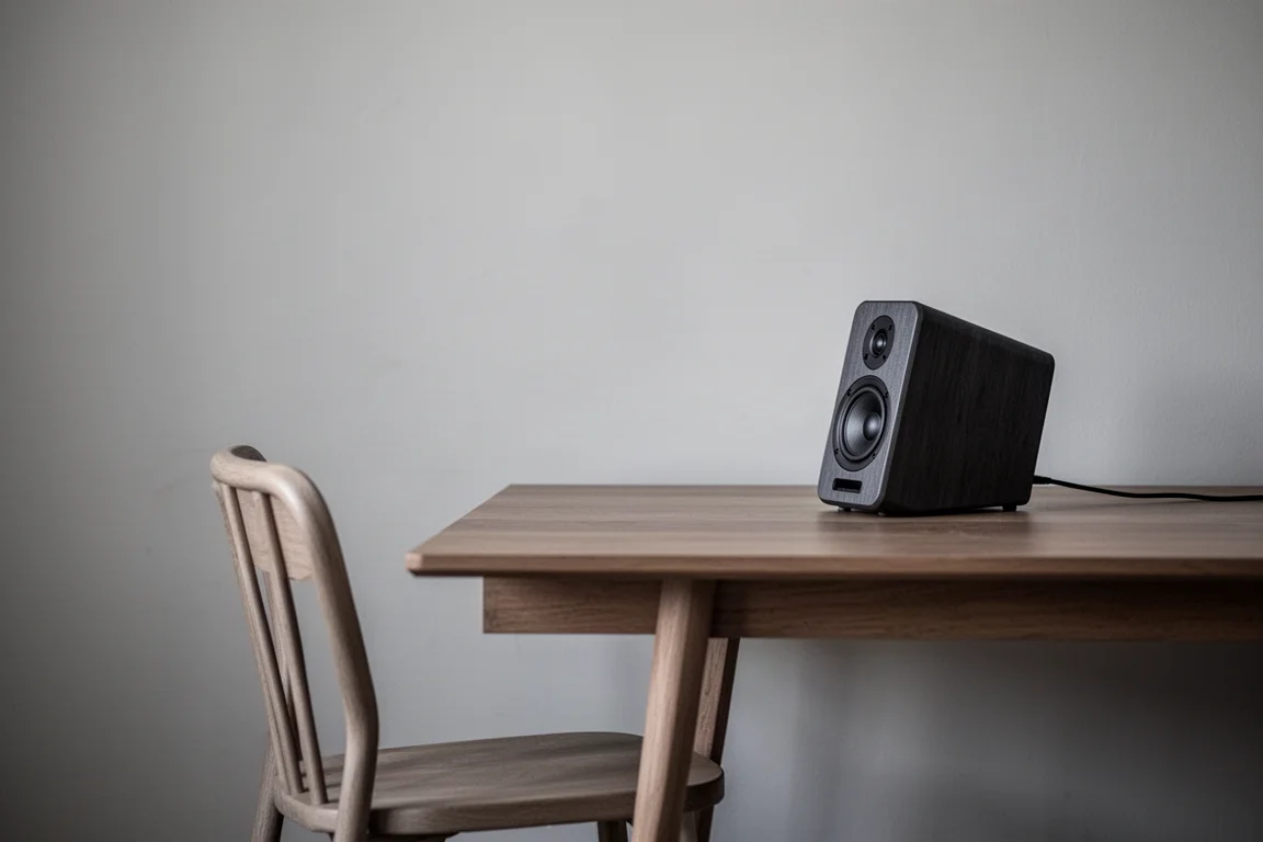 Small subwoofer on a living room floor beside a console and speaker stand
