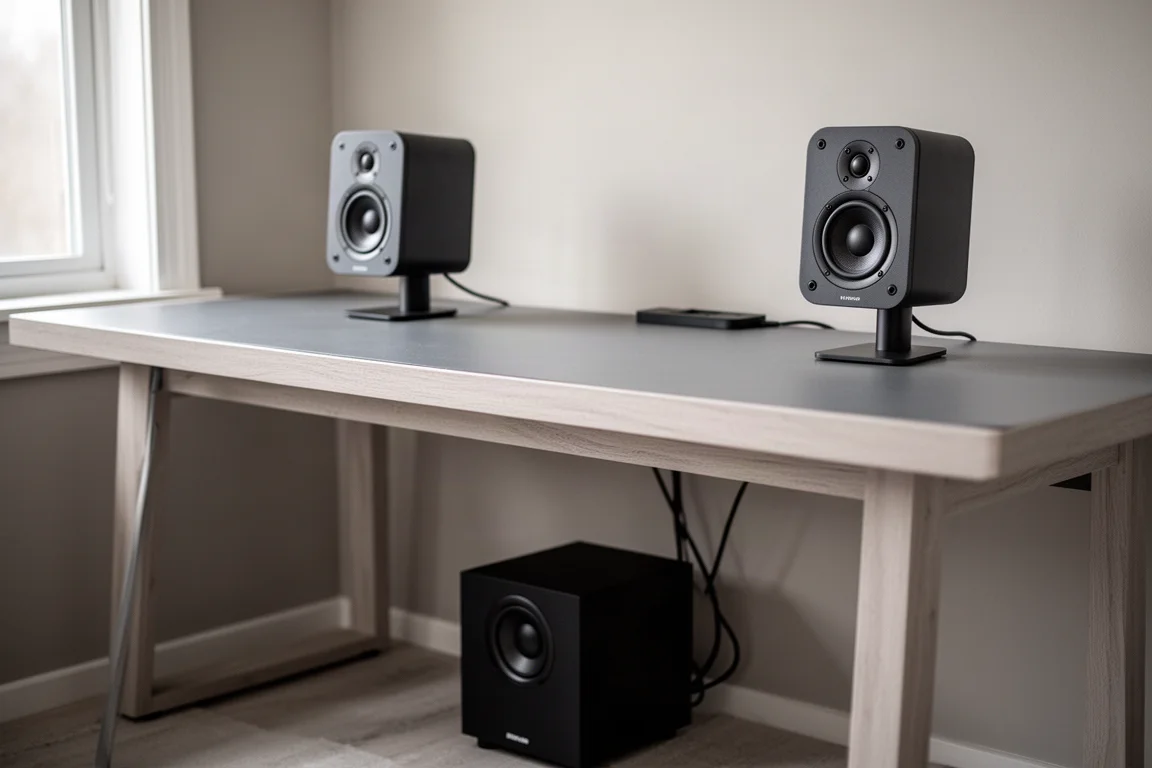 Compact two-speaker system on low stands in a bright apartment living room