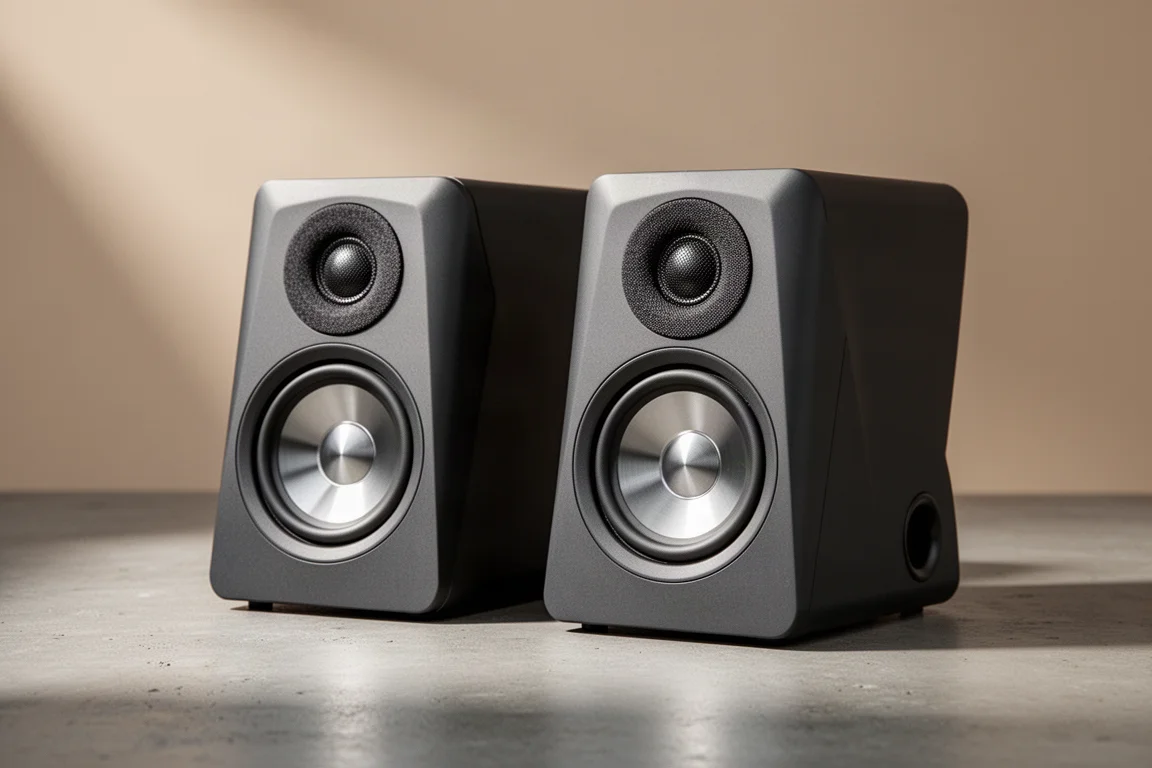 Compact dark powered speaker with soft dome tweeter on a matte concrete surface