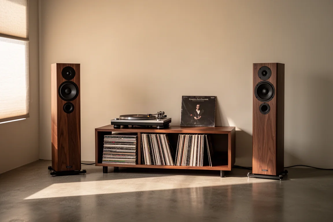 Stille luisterruimte met een platenspeler, vinylplaten en twee slanke floorstanding speakers
