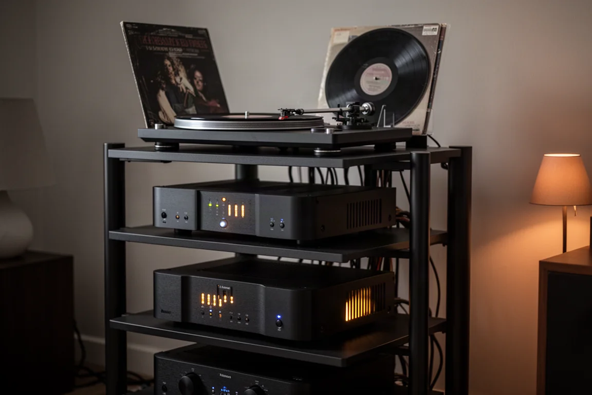 Hi-fi rek in een schemerige kamer met drie versterkers en een platenspeler