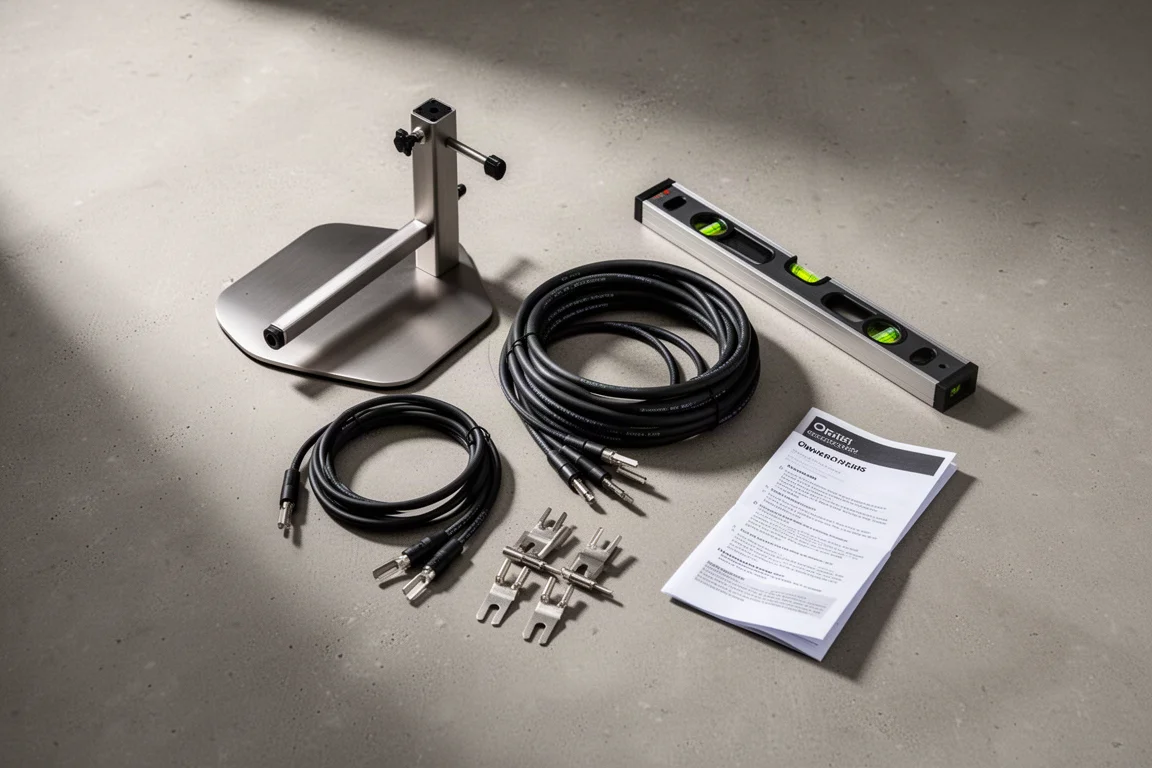 Overhead flat-lay van luidsprekerstandaard, kabel, vorkconnectoren, waterpas en handleiding