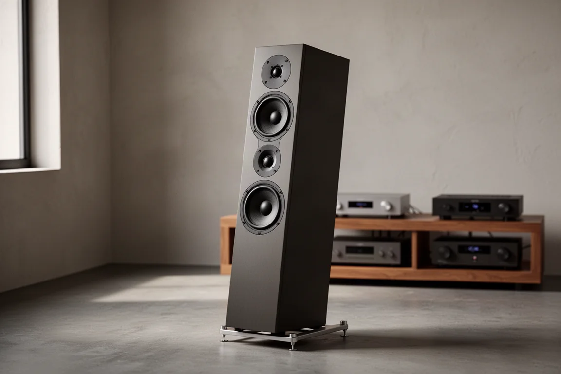 Tall slim floorstanding loudspeaker on a low metal stand in a quiet listening room