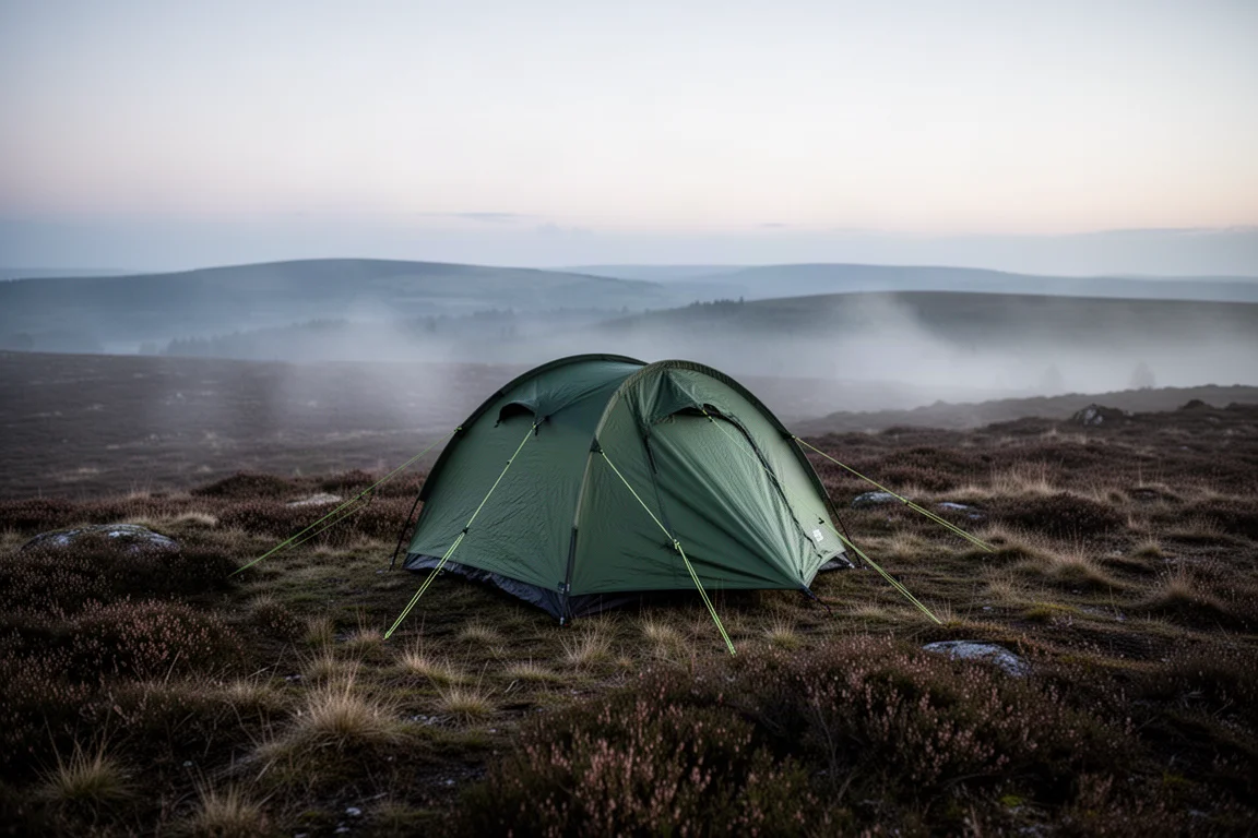 Small green tunnel tent pitched on a misty moorland ridge at dusk
