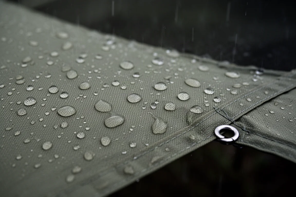 Rain beading on the thick fabric of a tent fly sheet in close-up