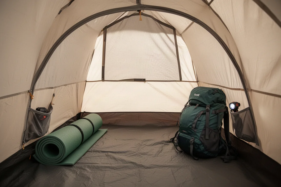 Interior of a small tent with sleeping mat, head torch and packed rucksack