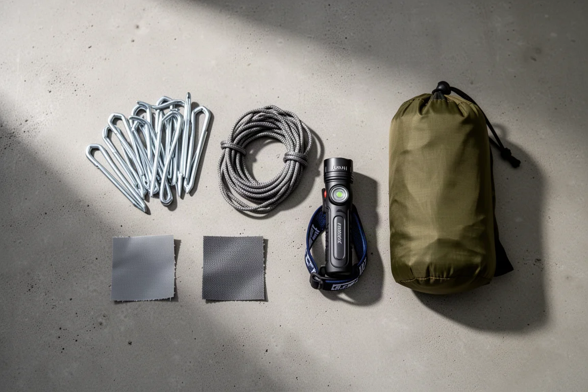 Overhead flat-lay of tent pegs, guy line, repair patches and a head torch