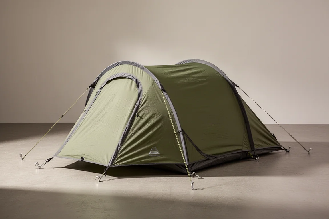Compact green tunnel backpacking tent pitched on a neutral concrete surface