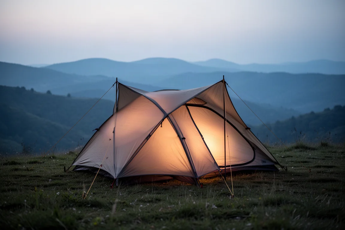 一頂低矮的雙桿背露營帳篷在黃昏時分搭建於長滿草的山坡上