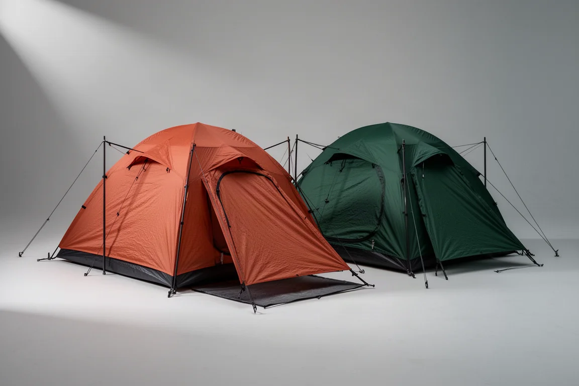 Due tende da backpacking a due pali dal profilo basso montate fianco a fianco su uno sfondo grigio neutro