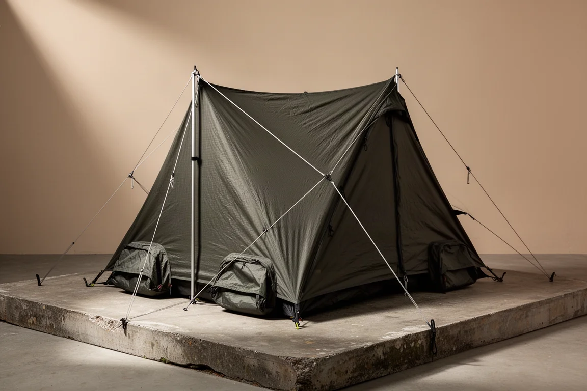 Tenda da backpacking a due posti dal profilo basso con paleria incrociata su una lastra di cemento