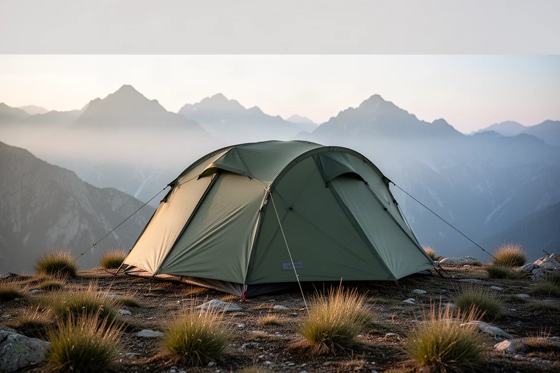 黎明時分搭在山脊上的綠色輕巧雙人登山帳