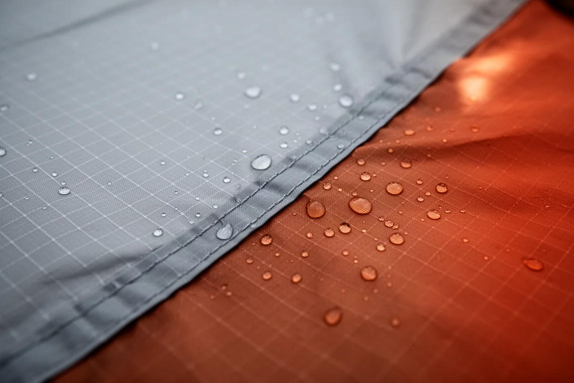 Close-up van lichtgewicht ripstop tentstof met waterparels op een getapete naad