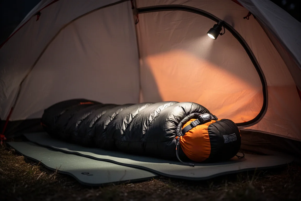 Dons slaapzak die opbolt in een tent, verlicht door een hoofdlamp in de nacht