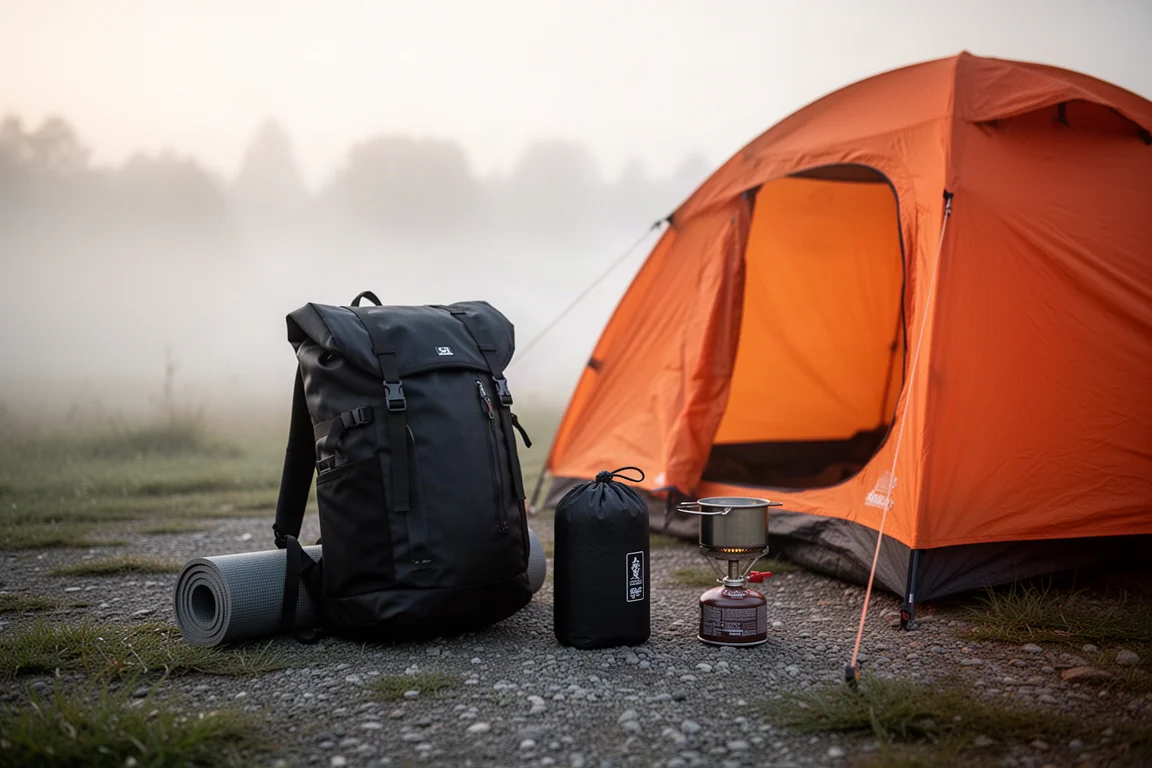 Kampeertafereel bij zonsopgang met ingepakte rugzak, slaapmatje en oranje tent