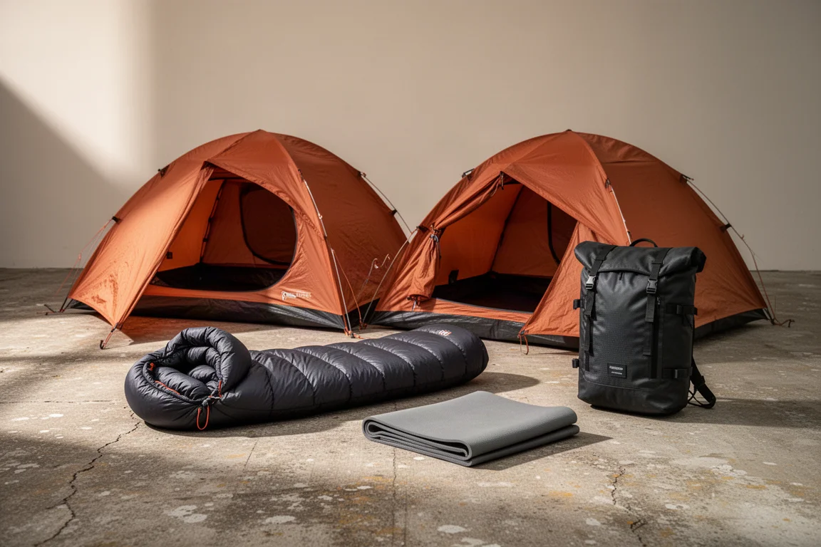Tende da backpacking arancione bruciato con sacco a pelo, materassino e zaino roll-top su cemento