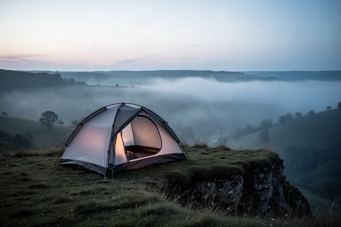 Tenda da campeggio selvaggio montata su un pendio al crepuscolo con nebbia bassa nella valle