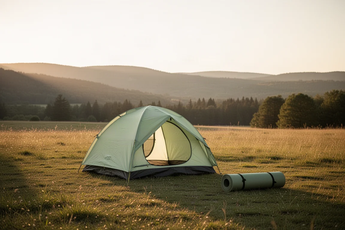 Piccola tenda verde da due posti montata sull'erba in un campeggio tranquillo nella luce del tardo pomeriggio